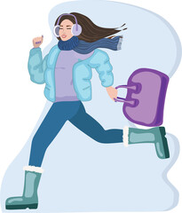 Female runs with a shopping bag in a down jacket, scarf, earmuffs, ugg boots simple illustration. Running woman in winter clothes in flat style. Space for text. Design for banner.