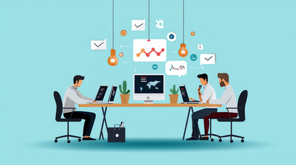 Fototapeta premium Three professionals collaborating at a modern workspace, analyzing data on laptops with charts and graphs, surrounded by plants and creative elements.