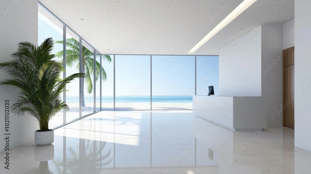 Poster a large open room with a view of the ocean