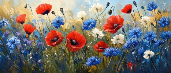 Colorful field of blooming red poppies, blue cornflowers, and white daisies on a sunny day.