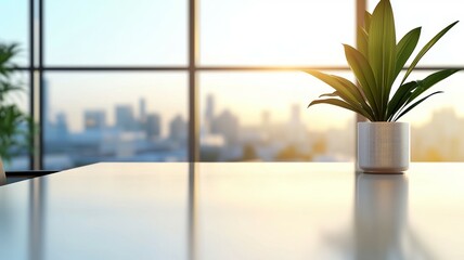 A potted plant sits on a table in front of a window