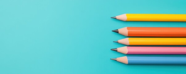 Fototapeta premium Four colorful pencils arranged diagonally on blue background with space for text