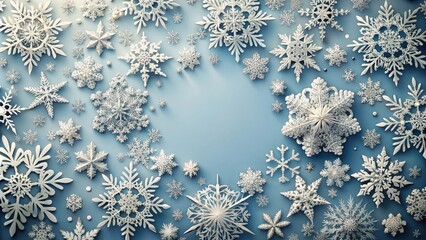 A winter wonderland of delicately crafted snowflakes, forming a captivating border around a serene blue backdrop