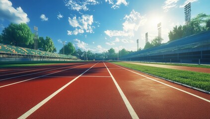 A track field with a stadium in the background