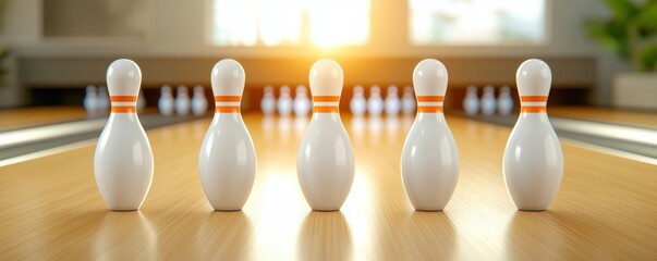 Five bowling pins arranged on a wooden alley with sunlight in the background.