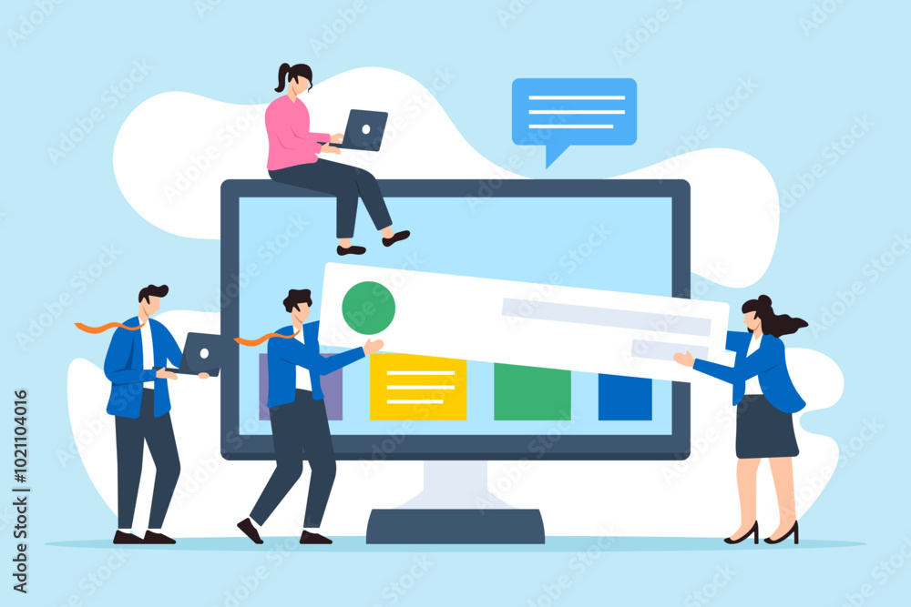 Poster flat illustration of business people carry web banner creating website on computer screen