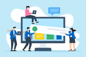 Flat illustration of business people carry web banner creating website on computer screen