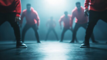 A dynamic dance performance featuring multiple dancers in red outfits, illuminated by captivating stage lights.