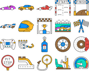 car speed auto race icons set vector. sport drive, road vehicle, automobile fast, automotive blue, motion car speed auto race color Contour Illustrations