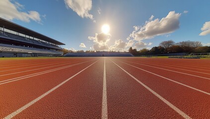 A track field with a stadium in the background