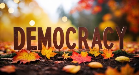 democracy lettering on autumn nature concept blurred lights bokeh background