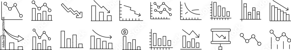 Poster collection of outline symbols of arrow down by progress bar drawn with thin line for apps, web sites