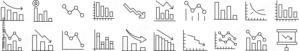 Poster collection of outline symbols of arrow down by progress bar drawn with thin line for apps, web sites