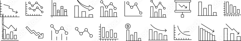 Poster collection of outline signs of arrow down by progress bar drawn with thin line for apps, web sites, 