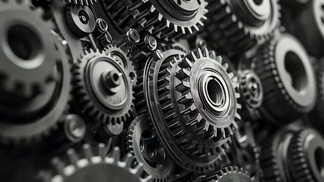 Close-up of interlocking gears showing detailed engineering. The image highlights mechanical precision, reflecting themes of technology, industry, and innovation against a blurred background.