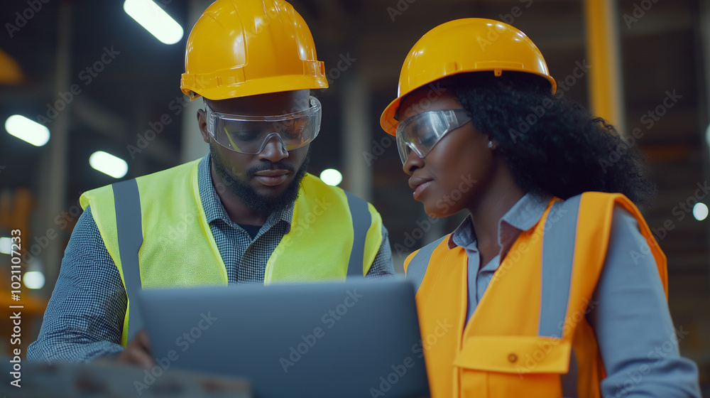 Poster a factory engineer in uniform working in an industrial plant in production using technology. an auto