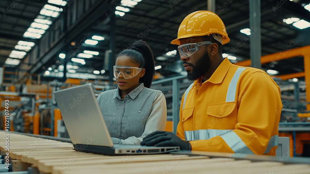Poster a factory engineer in uniform working in an industrial plant in production using technology. an auto