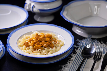 Traditional czech dish, chicken with paprika creamy sauce with pasta - typical for czech or middle europe.