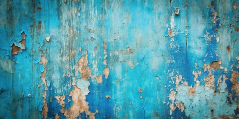 Fototapeta premium A faded blue wall surface reveals layers of time, worn paint, and exposed texture.