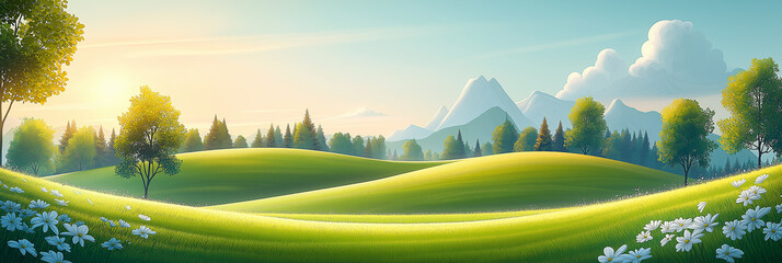 Obraz premium A cute cartoon vector illustration flat cartoon of Green meadow landscape ,Green hills, white clouds ,background,banner.