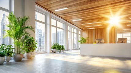 Fototapeta premium A large open office space with a sun shining through the windows