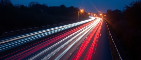 Colorful car light trails, long exposure photo at night, fantastic night scene, top view, a long exposure photo at the night