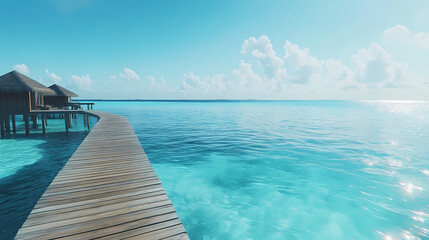 Naklejka premium A wooden jetty extending over a crystal-clear lagoon in the maldives, with overwater villas in the distance. Crystal-Clear Lagoon. Illustration