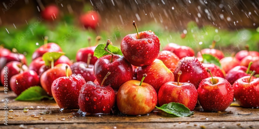 Poster a cluster of fresh red apples covered in raindrops on a rustic wooden surface
