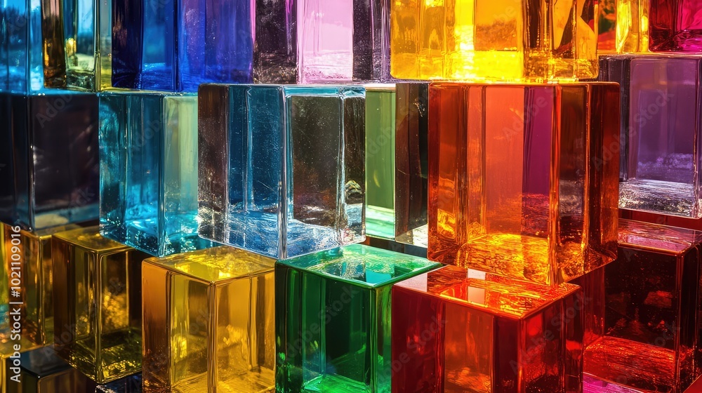 Poster an abstract display of colored glass cubes stacked together, illuminated by a bright light to create