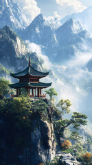 Obraz premium 云海深处的山顶上有一座亭子中国画插画
