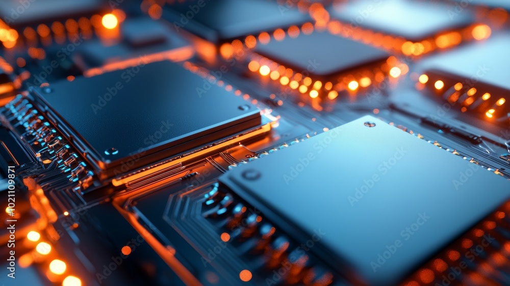 Poster a close up of a computer chip with a blue background