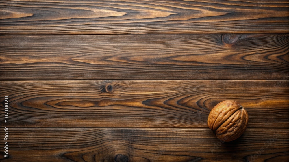 Aufkleber Rustic Wooden Background with a Single Walnut Shell in Focus