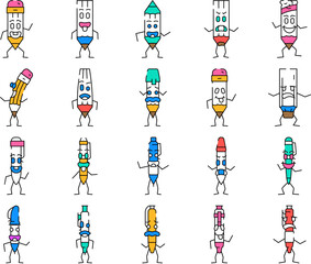pen character pencil school icons set vector. cute funny, student kid, mascot face, fun happy, book element, study stationery pen character pencil school color Contour Illustrations