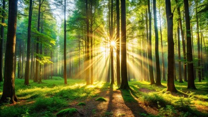 Naklejka premium Sunbeams Pierce Through a Dense Forest Canopy, Illuminating the Lush Undergrowth with Golden Rays