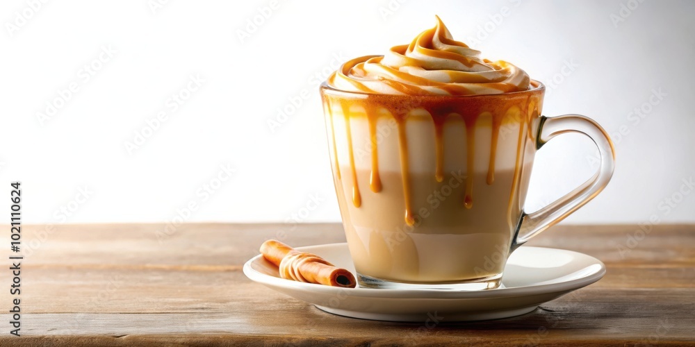 Poster a creamy caramel latte drizzled with sweetness and topped with whipped cream on a rustic wooden tabl