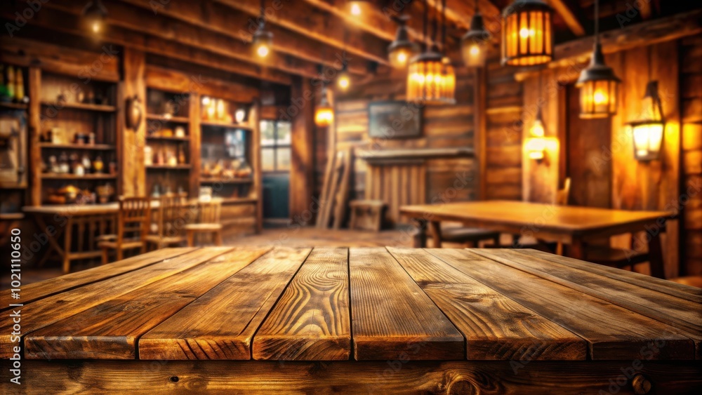 Poster rustic wooden table with a warm glow, perfect for displaying beverages or rustic decor, set against 