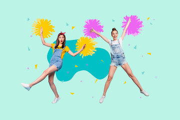 Creative poster collage of young funny cheerleaders girls cheer up have fun dance pompom...