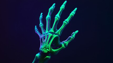 A skeletal hand glows with green and blue light.