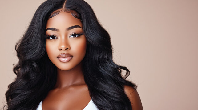 Portrait of Elegant Black Woman with Long, Wavy Straightened Black Hair, Nude Makeup, Lashes Extension in Beige Studio, Glamourous and Sensual African American Female.	