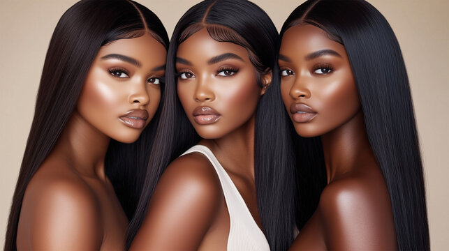 Portrait of Three Black Women with Long, Wavy Straightened Black Hair, Nude Makeup, Lashes Extension in Beige Studio, Glamourous and Sensual African American Females.	
