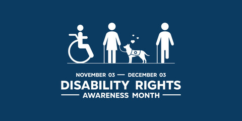 Disability Rights Awareness Month. Peoples, heart and dog. Great for cards, banners, posters, social media and more. Dark blue background.