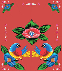a colorful rickshaw painting, and a folk design with a bright background. Pakistani and Indian truck art