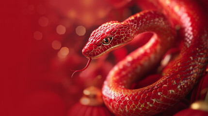 Fototapeta premium Chinese Lunar New Year Celebration with Serpent, Snake Symbol, Red Background with Copy Space.