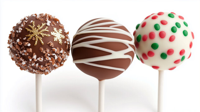 Christmas Chocolate Cake Pops with Sprinkles on Sticks, Isolated on White Background, Holiday Candy Shop, Xmas Treats, Lollipop.	