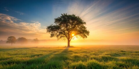 Obraz premium A solitary tree stands tall in a misty meadow, bathed in the golden glow of a sunrise, casting long shadows on the dewy grass.