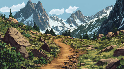 A rugged mountain trail winding through rocky terrain, with expansive views of snow-capped peaks and endless skies, an adventure seeker's paradise. Rocky Mountain Trail. Illustration