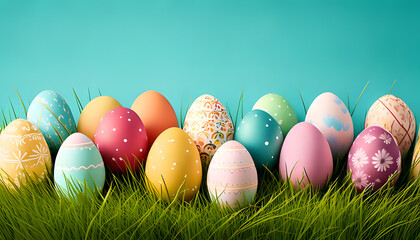 Fototapeta premium A group of brightly colored Easter eggs decorated with various pastel patterns sits neatly on lush, green grass. The eggs are adorned with delicate floral and swirling designs