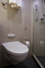 Elegant modern design bathroom with sink, shower, towels and mirror and nature stone tiles in cabin or stateroom on luxury cruise ship cruiseship ocean liner	