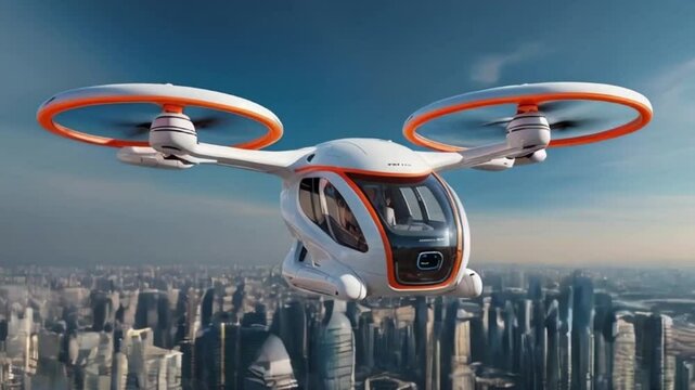 futuristic manned roto passenger drone flying in the sky over modern city for future air transportation and robotaxi video