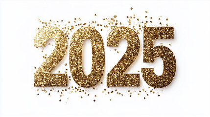 Shiny White and Gold Glittery 2025 Number, Isolated on White Background, New Year’s Eve Countdown, Festive and Bright Celebration, Sparkle Card.